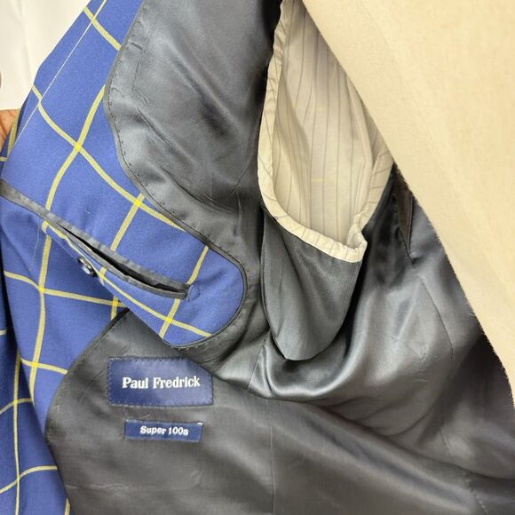 Paul Fredrick Wool Blazer Sport Coat Mens Size 43R Blue Plaid Jacket - Picture 12 of 16